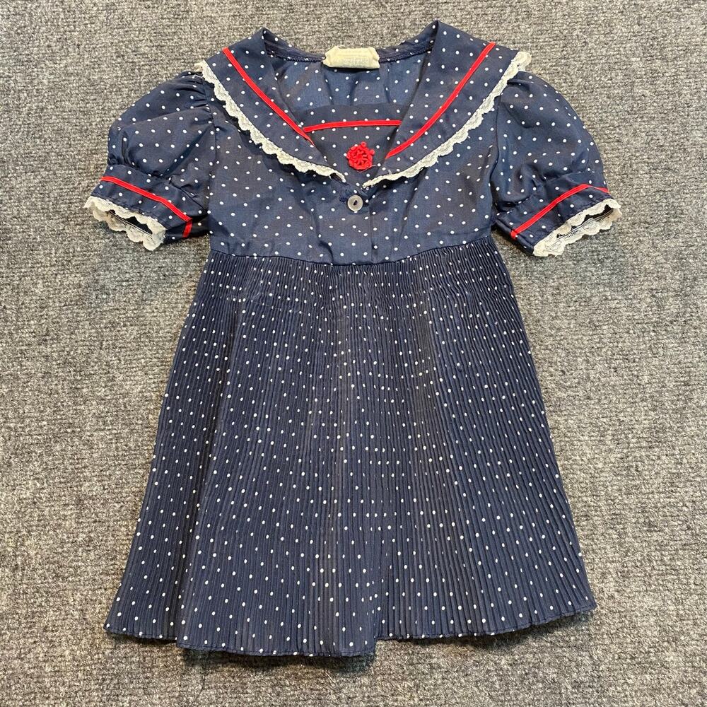 Vintage HRH Navy Blue Polka Dot Sailor Dress Lace Ruffle Girls Toddler Size 4T